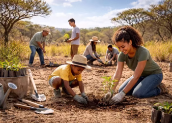 Pessoas plantando árvores no cerrado para ajudar na luta contra a desertificação
