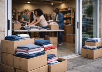Roupas de doação em frente a uma ONG