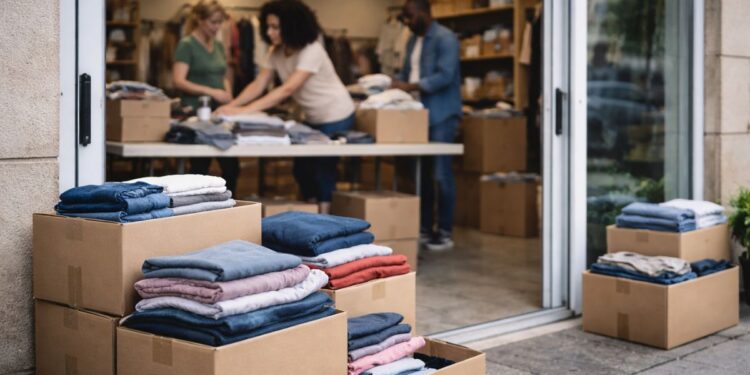 Roupas de doação em frente a uma ONG