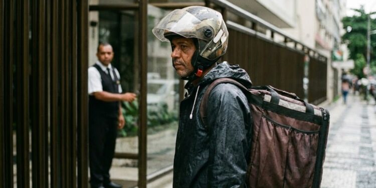 Um dos entregadores de aplicativo em frente a um prédio