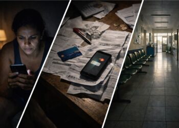 Cena tripartida que mostra uma Epidemia apostas: mulher apostando no celular, contas na mesa, e um corredor e de hospital