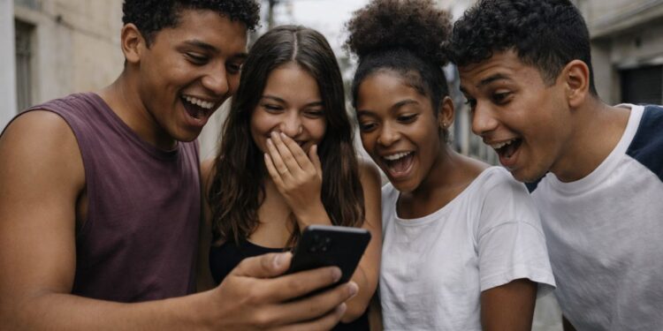 Um grupo com 4 jovens vê um vídeo de alguém que acabou de farmar aura