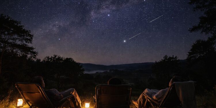 Três amigos observando Fenômenos astronômicos em uma noite