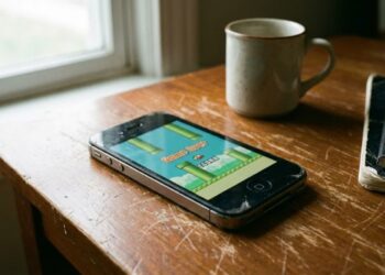 Flappy Bird em um celular na mesa