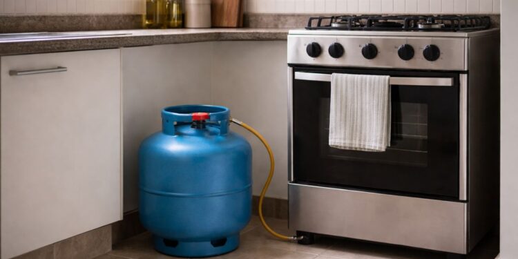 Gás do povo: um gás na cozinha com fogão ao lado