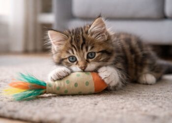 Um gato filhote que morde muito com o seu brinquedo