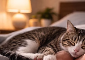 Um gato que dorme no pé do dono