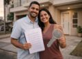 Um casal feliz com chave e documento na mão, mas não sabe que caiu em um dos golpes comuns na compra do primeiro imóvel