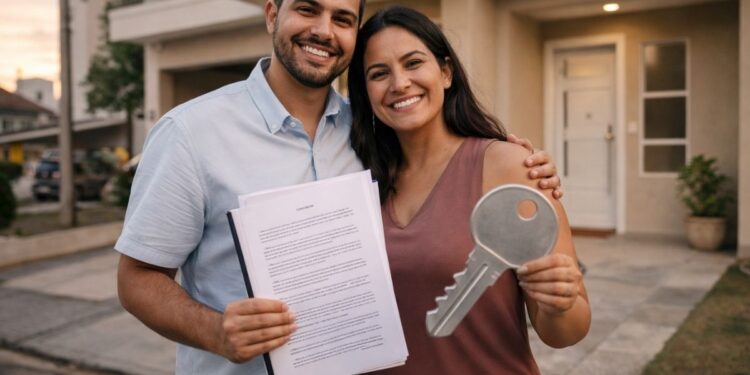 Um casal feliz com chave e documento na mão, mas não sabe que caiu em um dos golpes comuns na compra do primeiro imóvel