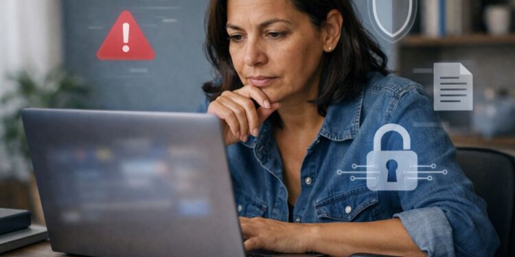 Uma mulher no notebook pesquisando sobre o Golpe da Receita Federal