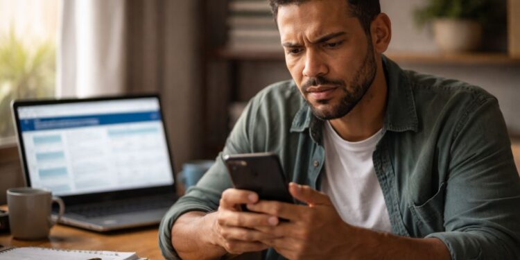 Um rapaz olhando para o celular para conferir se caiu no Golpe do MEI