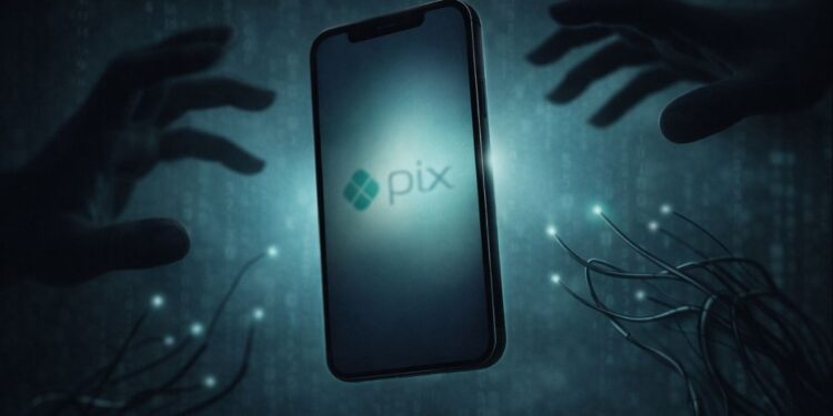 Mãos em direção a um celular para aplicar os Golpes PIX