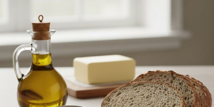 Gordura no café da manhã: azeite e manteiga ao lado do pão