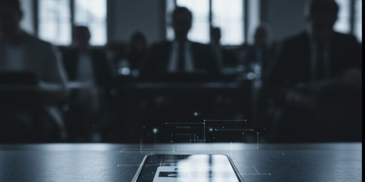 Um celular com o Grok em uma mesa em frente à sala de aula