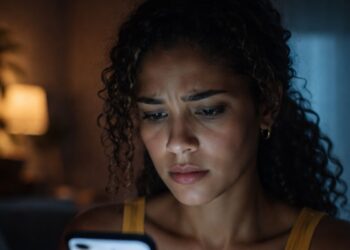 Uma mulher olha espantada para o celular ao ver sua imagem editada pelo Grok