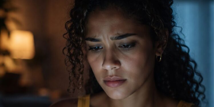 Uma mulher olha espantada para o celular ao ver sua imagem editada pelo Grok