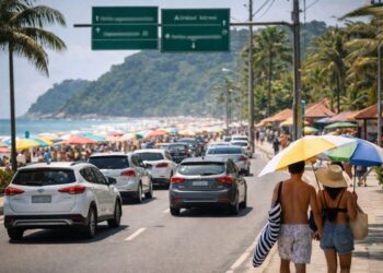 Guarujá com carros e pessoas na rua