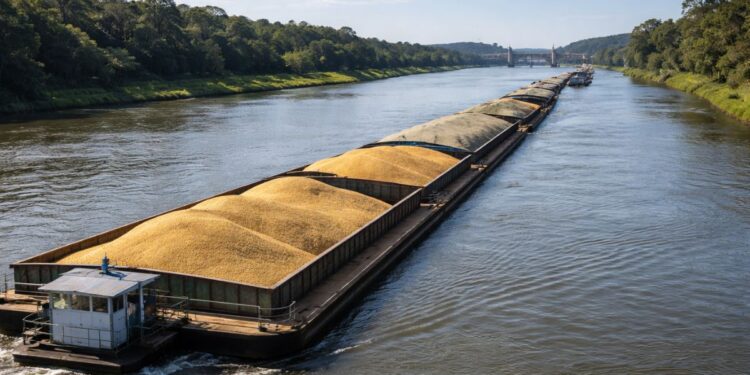Imagem de uma balsa passando na Hidrovia