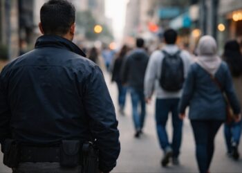 Um agente do ICE em meio a outros cidadãos