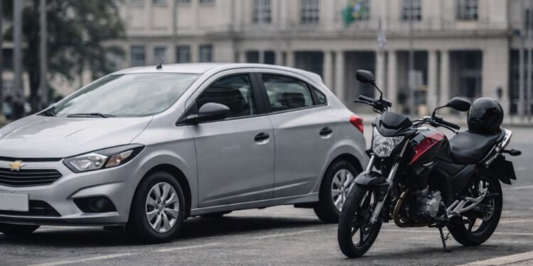 Um carro e uma moto que entram na Nova Isenção do IPVA em SP em 2026, estacionados na rua