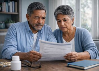 Idosos 65+ segurando documentos de seguro de vida