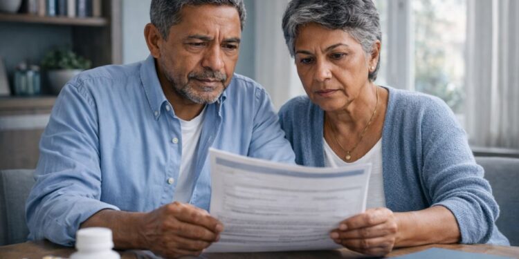 Idosos 65+ segurando documentos de seguro de vida