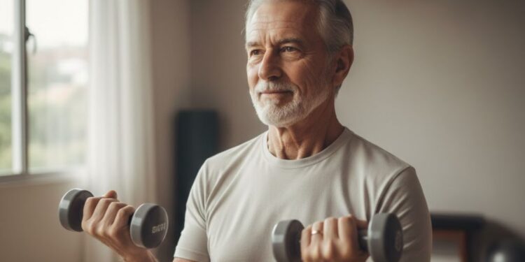 Um idoso dando início aos treinos de força com dois halteres