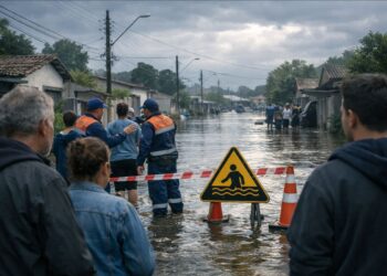 Um alerta da Inmet durante uma rua em enchente