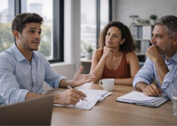 Um homem que se acha mais inteligente falando com um casal na mesa