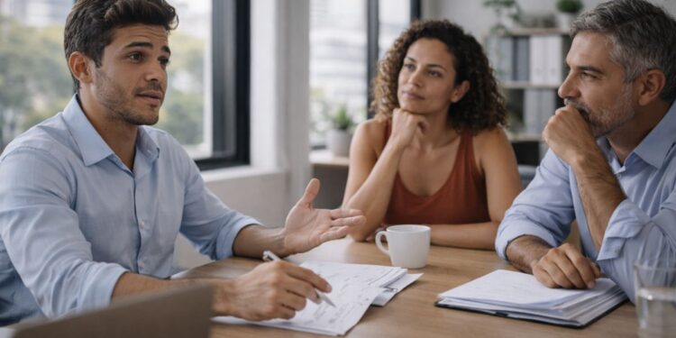 Um homem que se acha mais inteligente falando com um casal na mesa