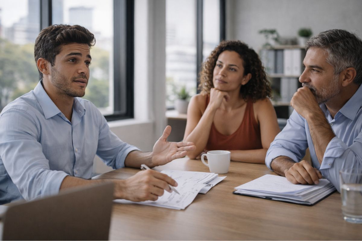 Um homem que se acha mais inteligente falando com um casal na mesa