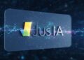 Logo da JUS IA em um contexto digital-tecnológico