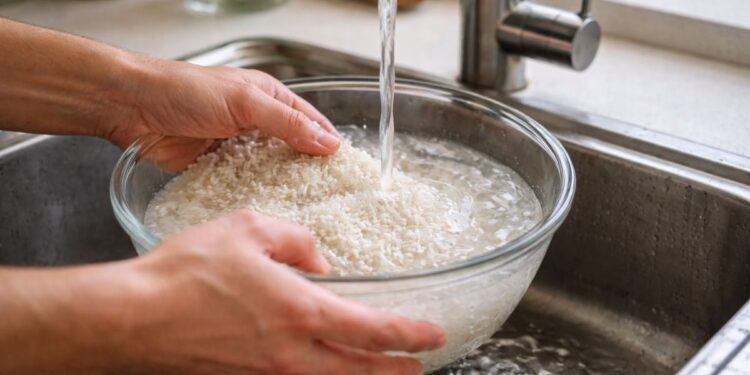 Uma pessoa lava o arroz em uma tigela de vidro na pia com água