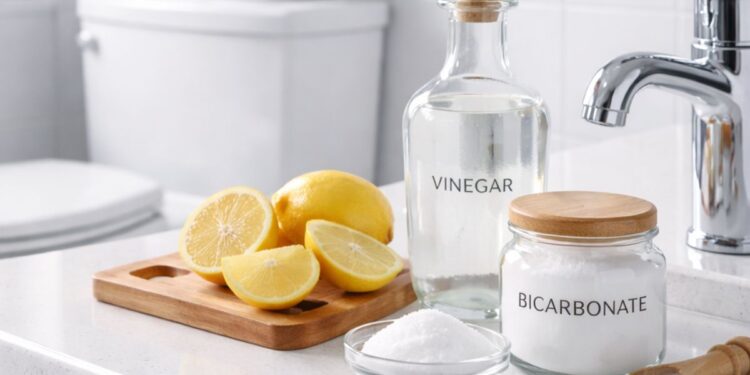 Produtos para limpeza do banheiro em cima de uma pia