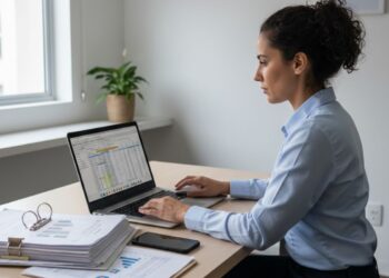 Uma MEI realizando o pagamento da DAS pelo Notebook em seu escritório