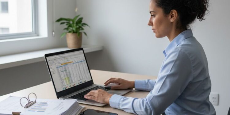 Uma MEI realizando o pagamento da DAS pelo Notebook em seu escritório