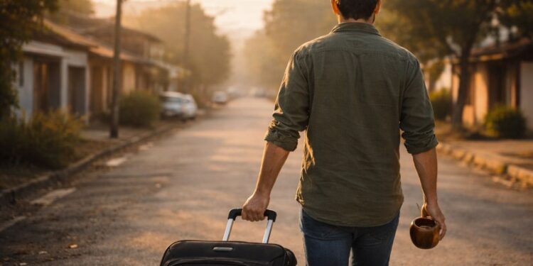 Um homem na estrada com mala e cuia