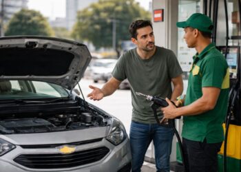 Um rapaz no posto de gasolina vê o motor quebrado de seu carro após abastecer com diesel