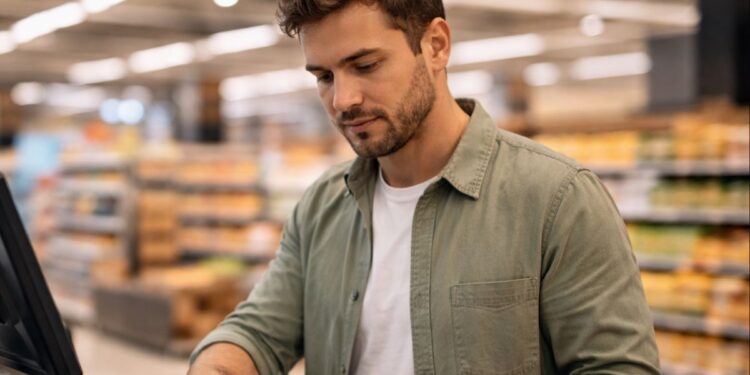 Um rapaz tirando sua nota fiscal no supermercado com celular na mão