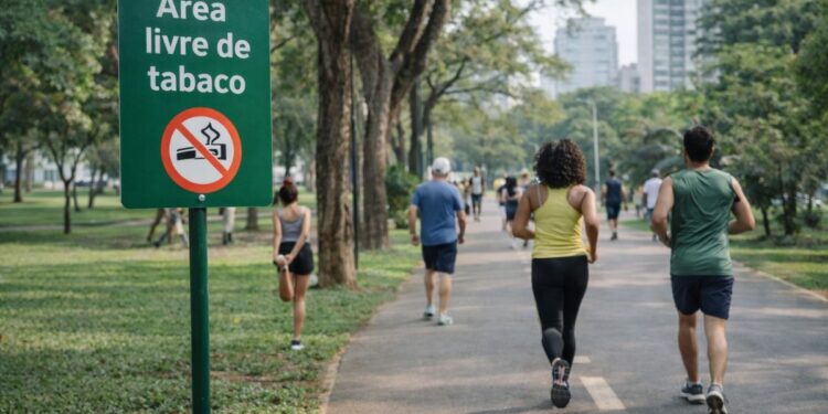 Placa em um parque público alerta sobre a Nova lei antitabagismo