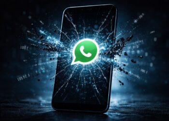 Tela de um celular explodindo código binário com novo vírus no WhatsApp