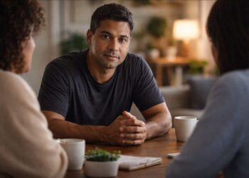 Um rapaz otrovertido conversando com duas mulheres