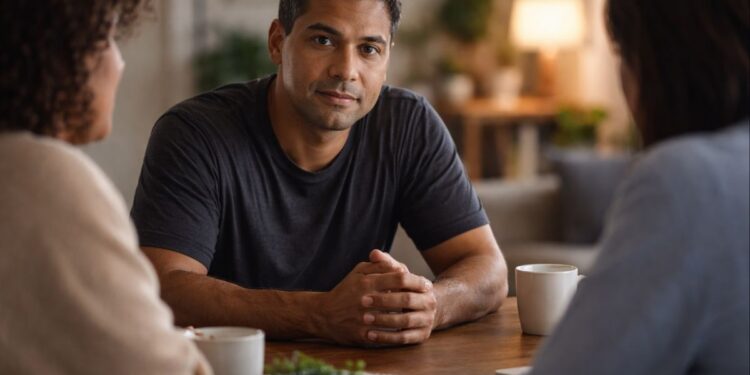 Um rapaz otrovertido conversando com duas mulheres