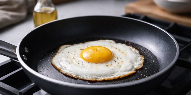 Um ovo na frigideira depois de ter colocado vinagre