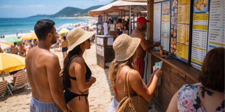 Pessoas na praia comprando em uma barraca