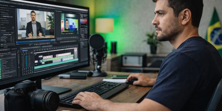 Profissional de multimídia trabalhando em frente ao PC