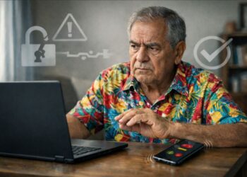 Um senhor desconfiado com o processo de prova de vida em frente ao seu notebook