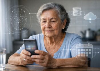 Uma senhora fazendo a prova de vida pelo celular