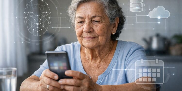 Uma senhora fazendo a prova de vida pelo celular