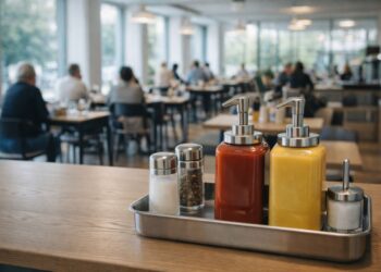 Sachês de mostarda e ketchup num restaurante